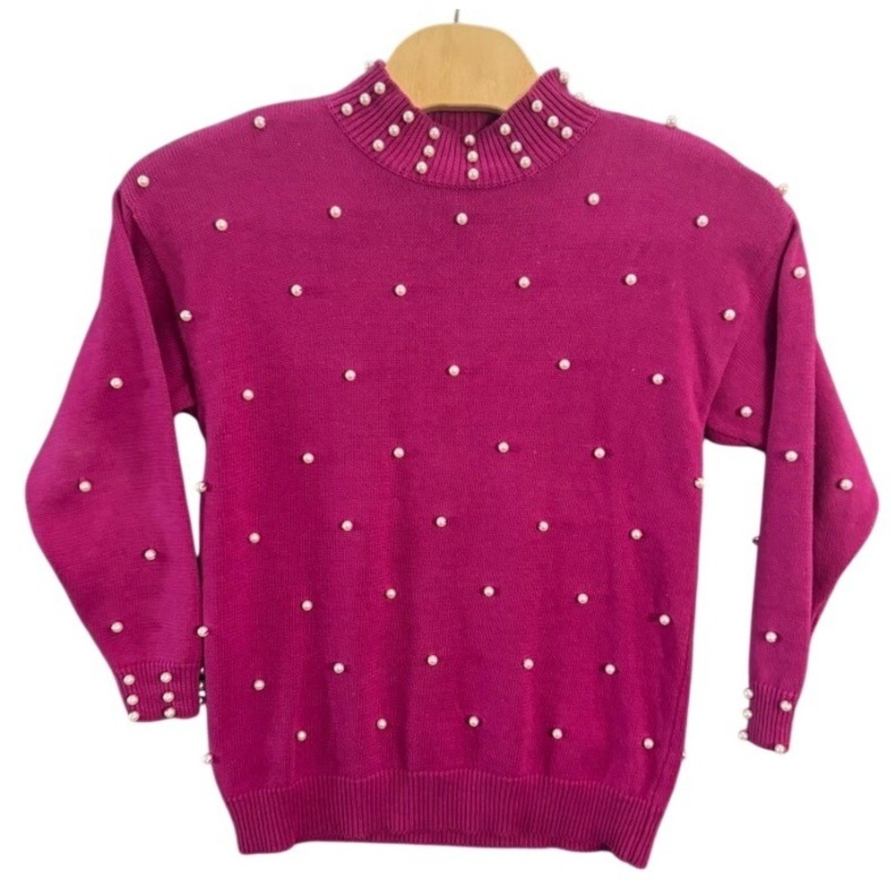 Vintage L'Eau Vive Pink Pearl Embellished Mock Neck Ramie Cotton Sweater Large